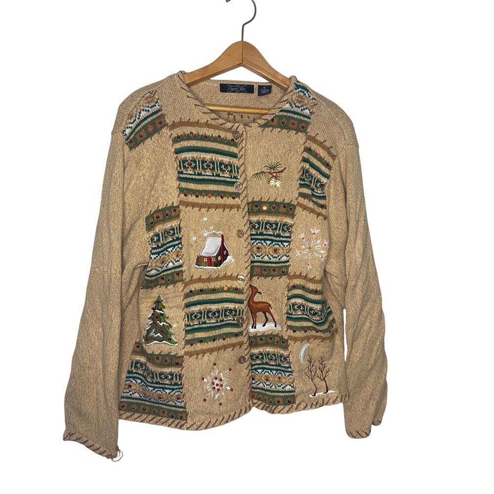 Crystal Kobe Christmas Sweater Cardigan Reindeer Winter Holiday Tan Womens XL